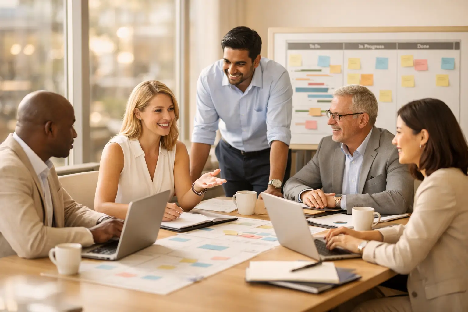 Professional project management team collaborating in a bright, modern office, working with laptops and planning boards in a warm, clean, corporate setting.