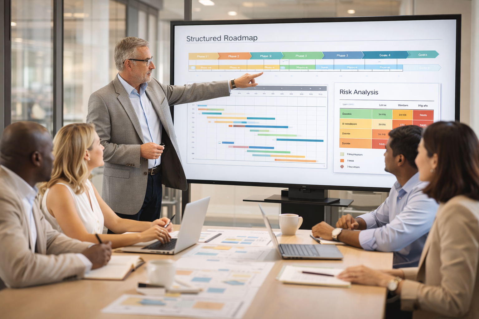 Diverse project management team reviewing digital project plans in a modern corporate office, with a senior consultant presenting timelines, roadmap, and risk analysis on a large screen.