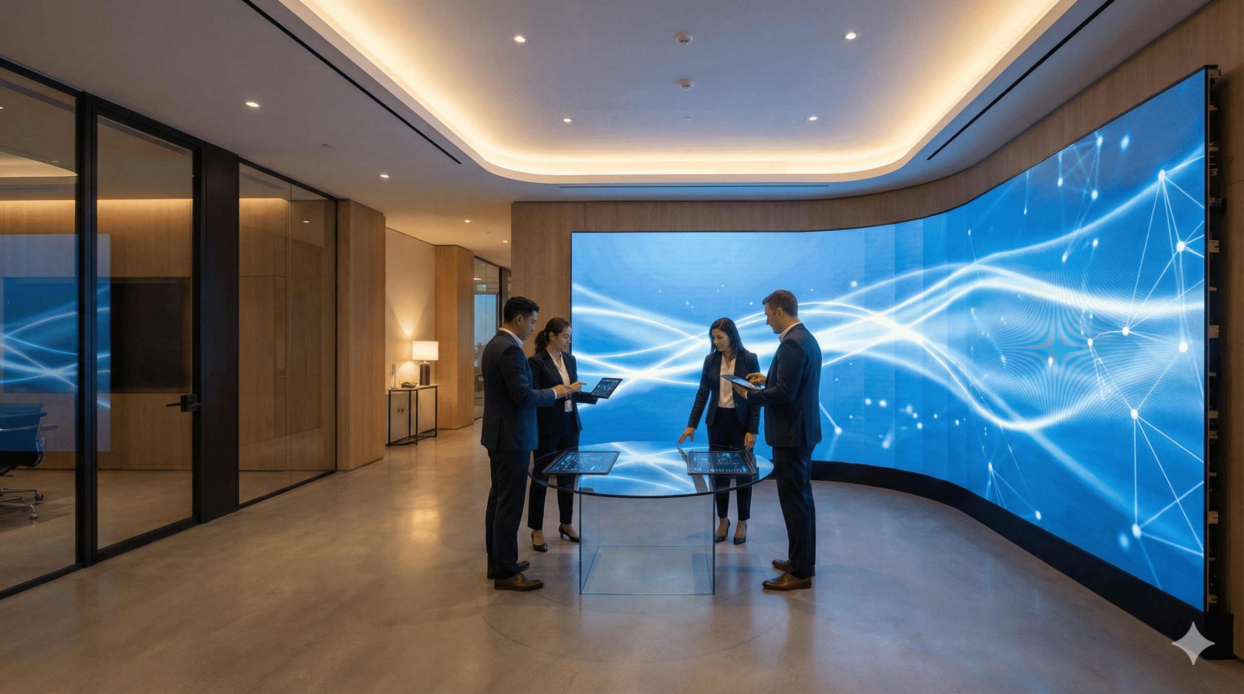 Project management consultants reviewing digital dashboards in a modern corporate space with a global project timeline wall